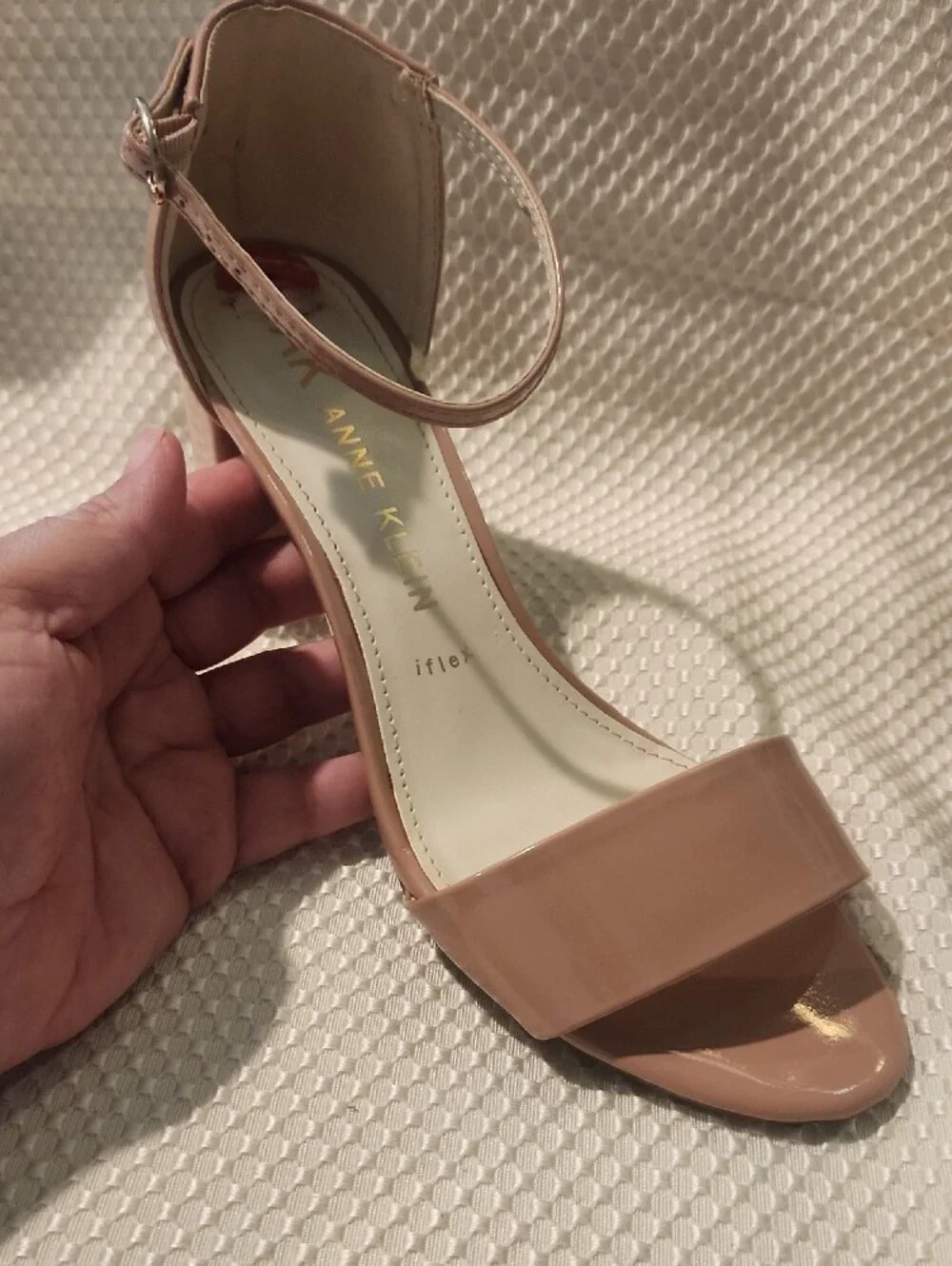Anne Klein Blush Patent Ankle-Strap Block Heels